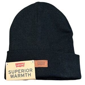 Levi's Beanie Hat Men One Size Black NWT Faux Leather Logo Patch 45LV050015